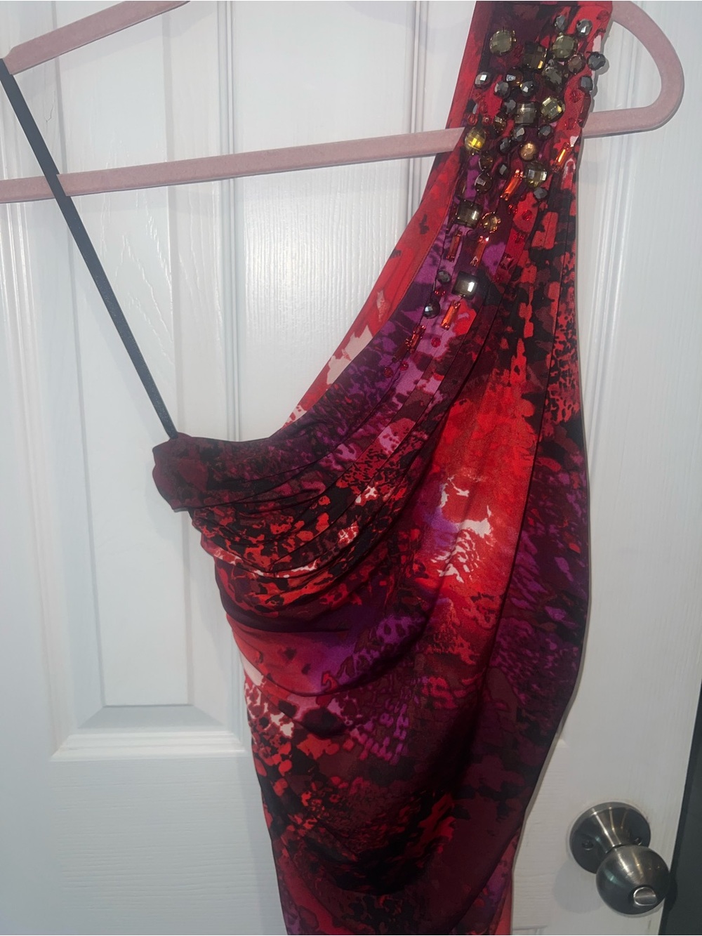 Cache Red and Purple One-Shoulder Beaded Blouse!